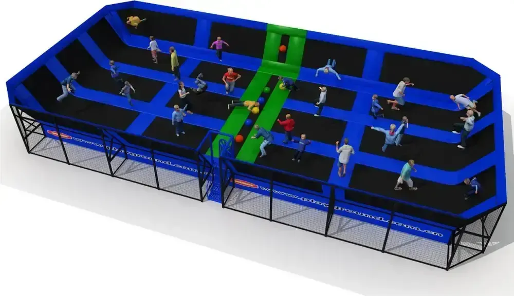 Trampolínová aréna s propojenými skokovými zónami a středovou dráhou