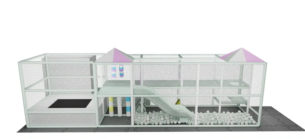Minimalistická herní zóna se skluzavkou a trampolínou