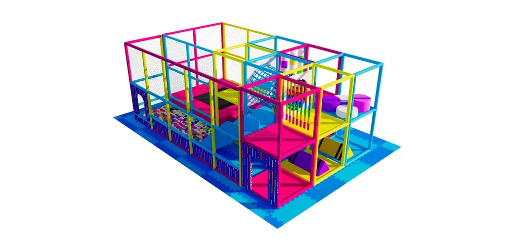 Barevná herní sestava s dvojitou skluzavkou a trampolínou