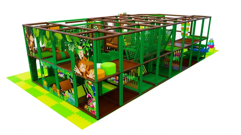 Tropické vnitřní hřiště s tobogánem, dvojitou skluzavkou a míčkovými zónami