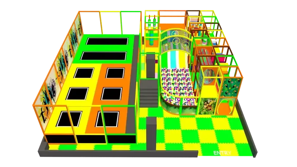 Rodinný indoor playground s trampolínovou zónou a velkou skluzavkou
