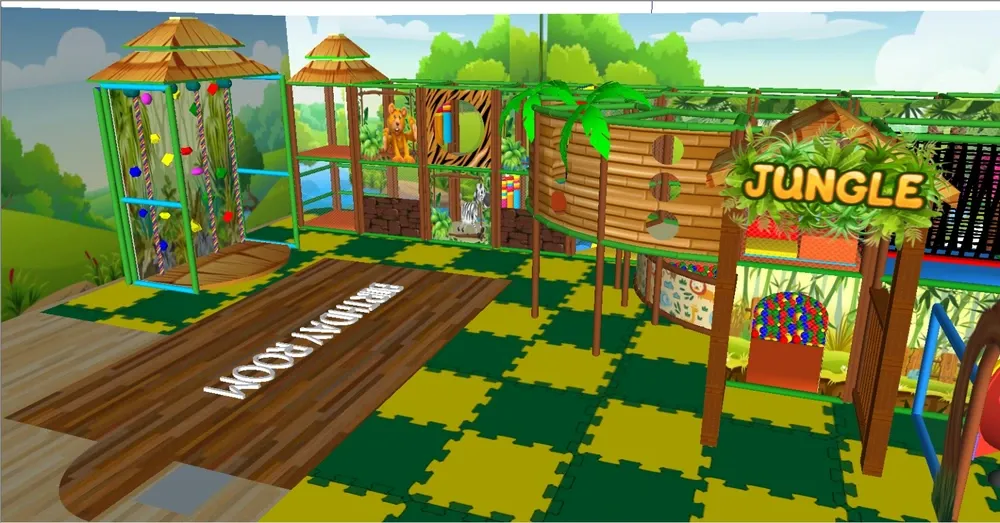 Vnitřní hřiště s překážkovými zónami a toddler částí v motivu džungle