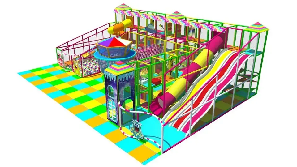 Víceúrovňové vnitřní hřiště s tobogánem, spider věží a velkou skluzavkou