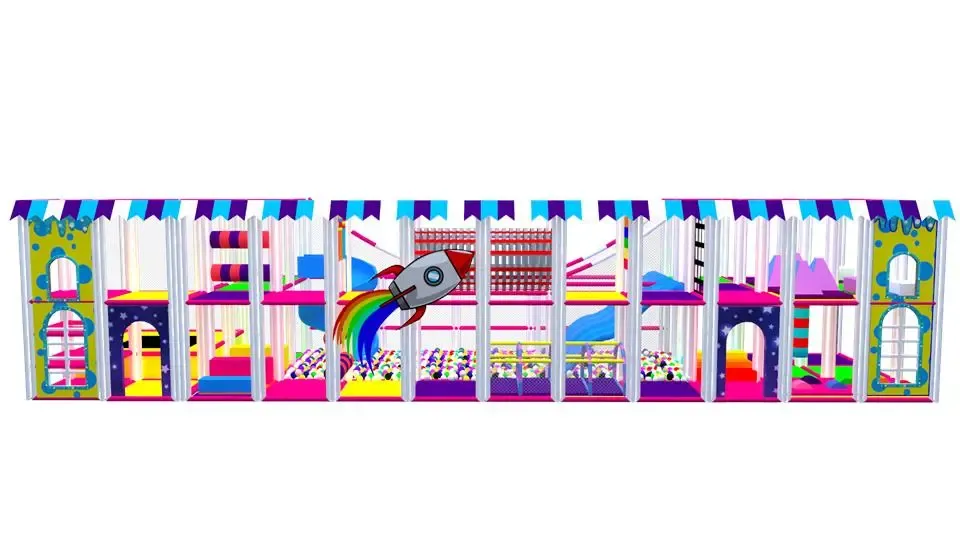 Barevný indoor playground se skluzavkami, tobogánem a míčkovou zónou
