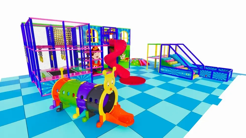 Vnitřní hřiště s trampolínou, skluzavkami a kuličkovým bazénem