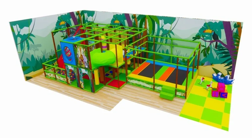 Dětské vnitřní hřiště se dvěma trampolínami, skluzavkou a tunelem