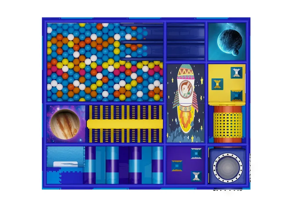 Vesmírný dětský koutek s dvojitou skluzavkou a míčkovým bazénem