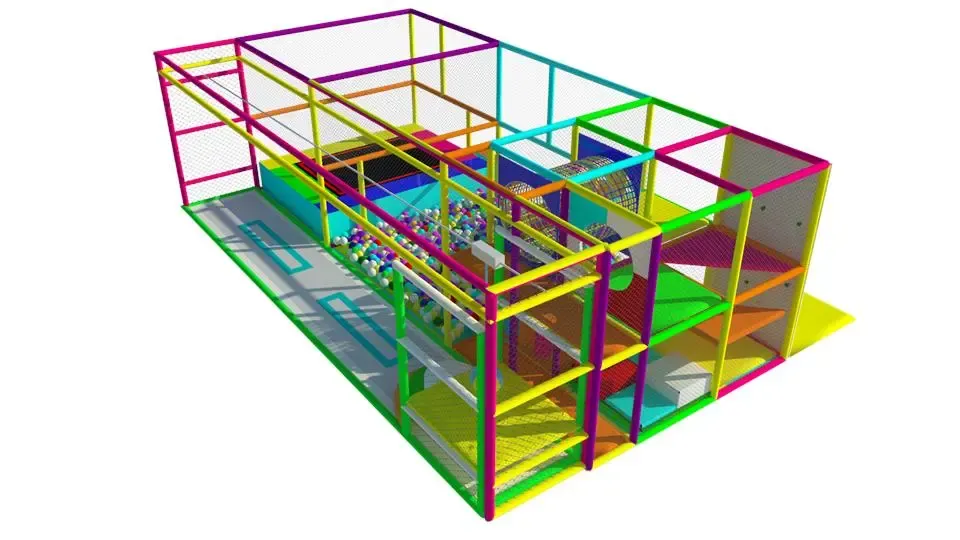 Barevné vnitřní hřiště se skluzavkou, trampolínou a tunelem