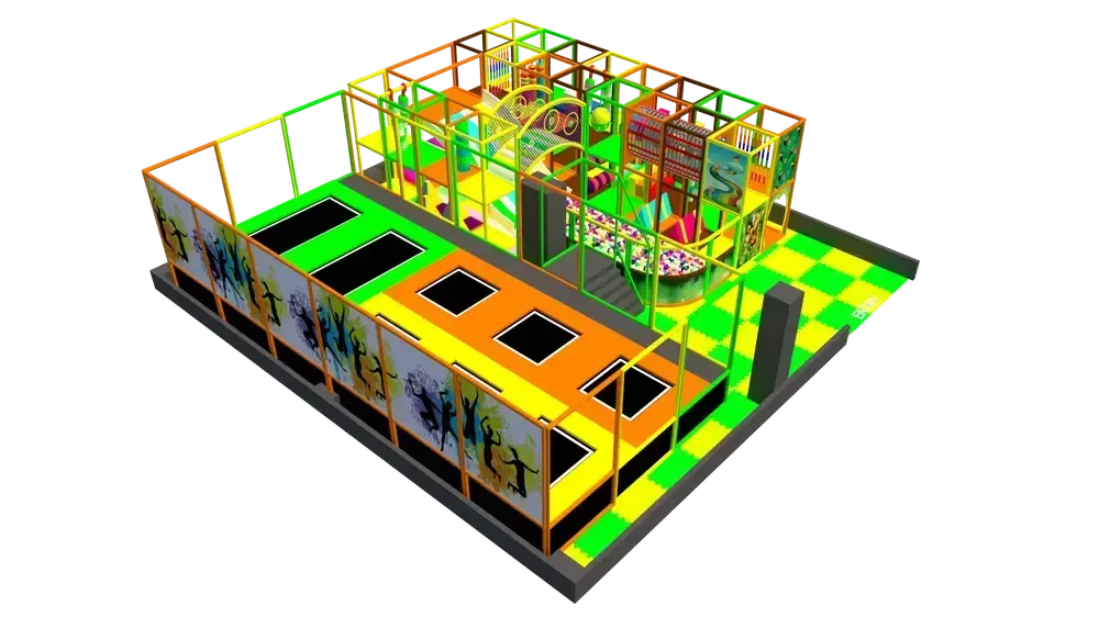 Rodinný indoor playground s trampolínovou zónou a velkou skluzavkou