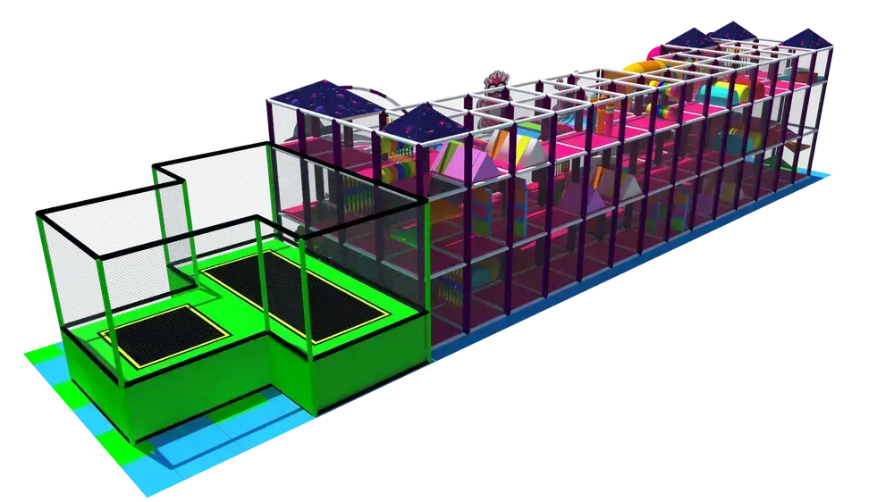 Vnitřní dětské hřiště se skluzavkou a trampolínami