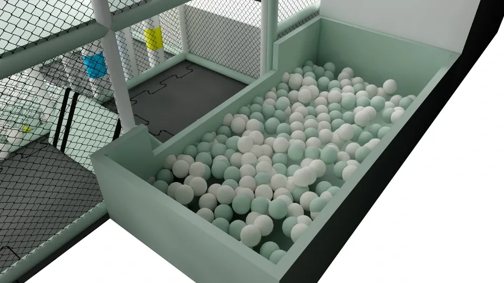 Minimalistická herní zóna se skluzavkou a trampolínou