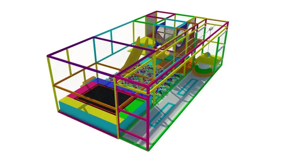 Barevné vnitřní hřiště se skluzavkou, trampolínou a tunelem