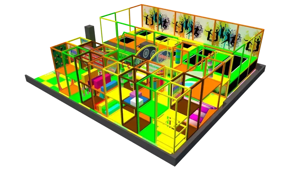 Rodinný indoor playground s trampolínovou zónou a velkou skluzavkou