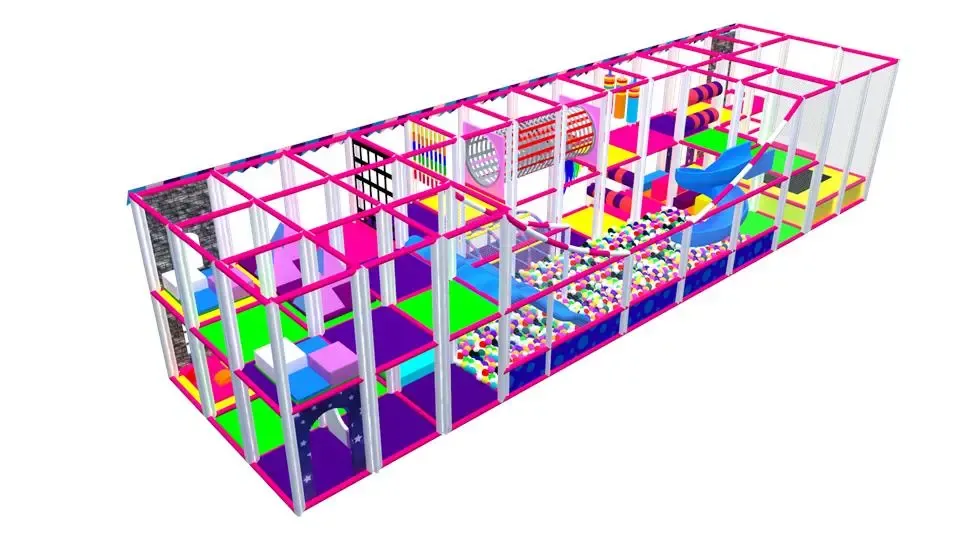 Barevný indoor playground se skluzavkami, tobogánem a míčkovou zónou