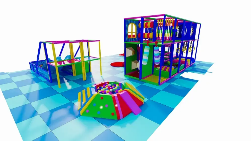 Vnitřní hřiště s trampolínou, skluzavkami a kuličkovým bazénem