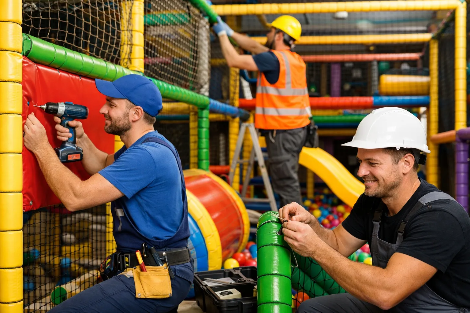 Montáž vnitřního dětského hřiště – technici instalují modulární konstrukci indoor playgroundu v komerčním prostoru.