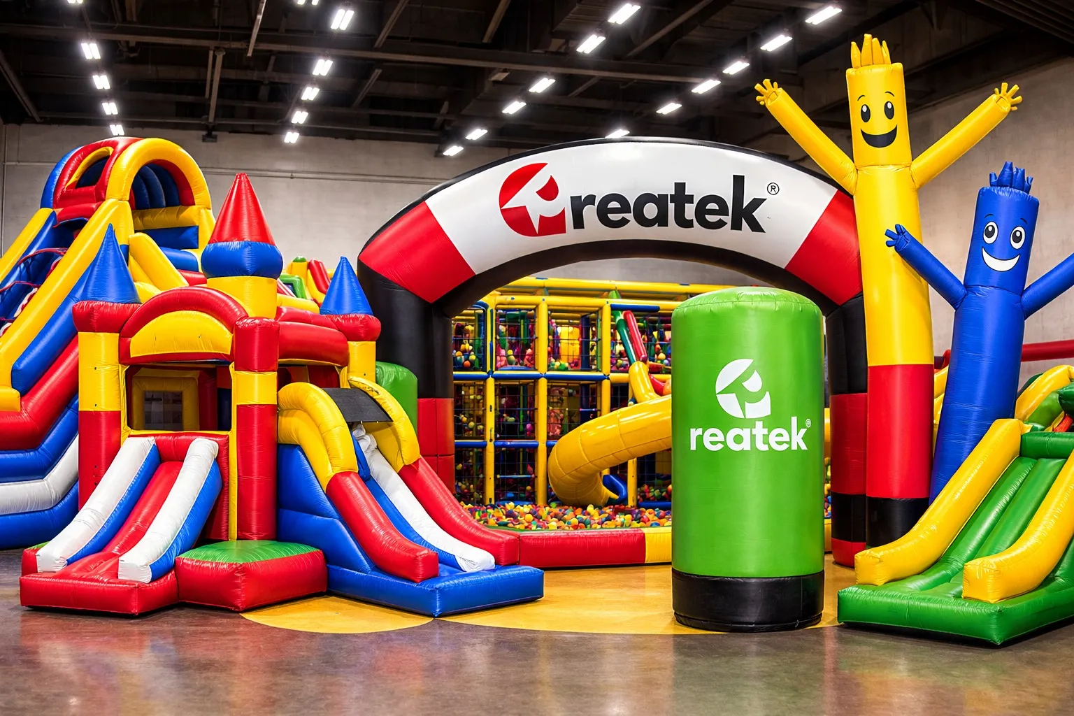 Indoor hřiště pro děti s nafukovacím hradem, skluzavkou, reklamním nafukovacím obloukem Reatek, airdancery a nafukovacím reklamním sloupem.