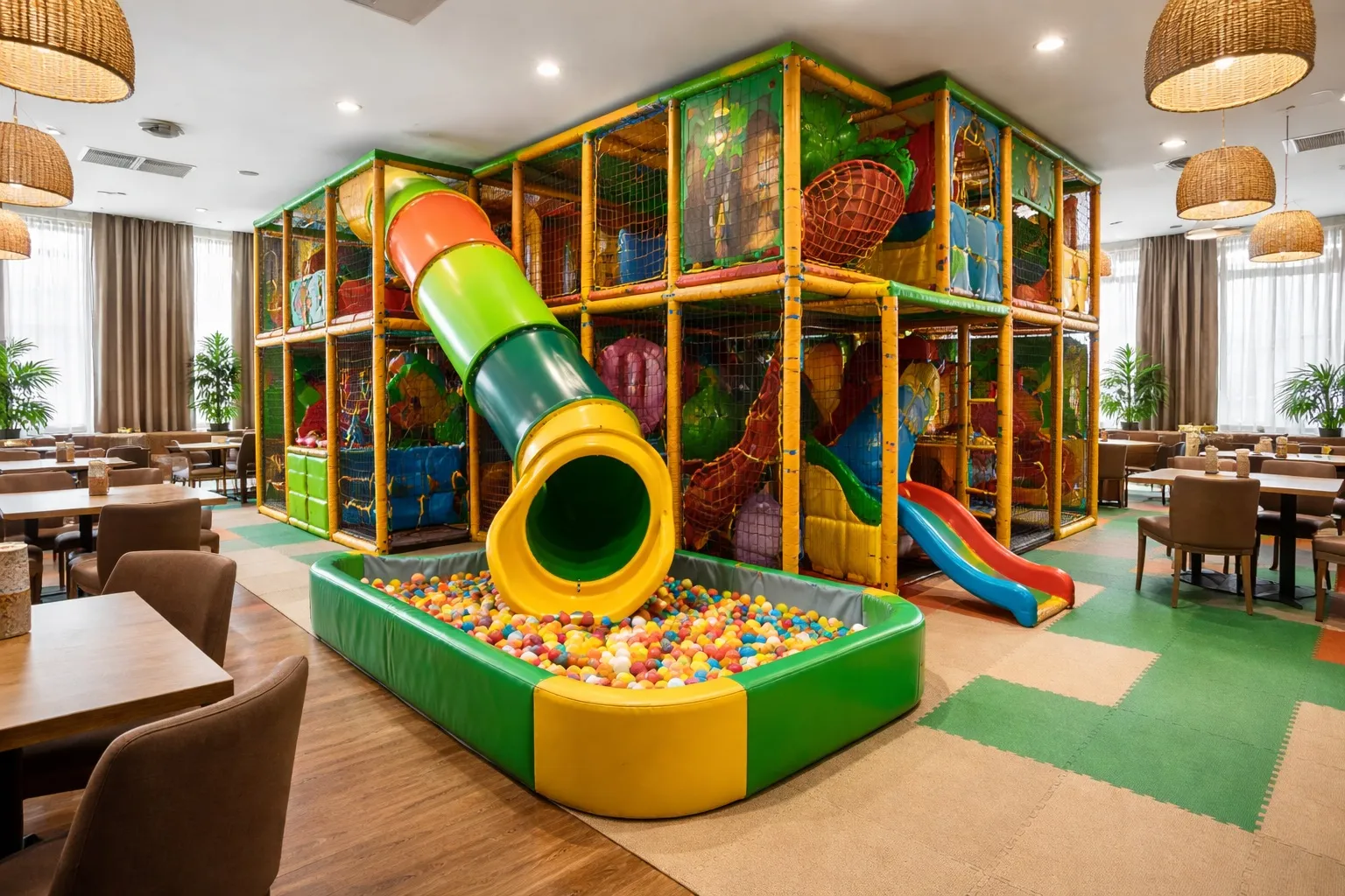 Dětské indoor hřiště s prolézačkami pro rodinnou restauraci